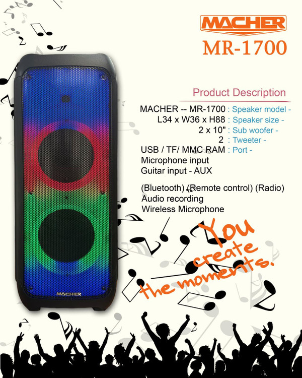 اسپیکر بلوتوثی قابل حمل مچر مدل Macher Partybox MR1700 Speaker